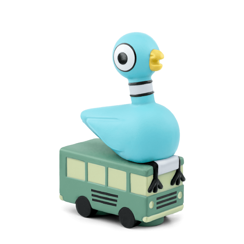 Blue pigeon character Tonie sitting on green toy bus with black wheels