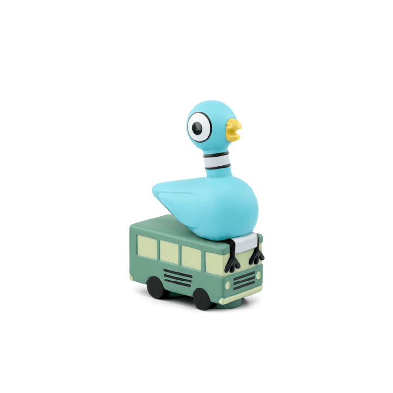 Blue pigeon character Tonie audio figure sitting on green toy bus