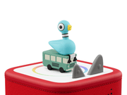 Blue pigeon character Tonie figure on green bus sitting on red Toniebox with gray obstacles