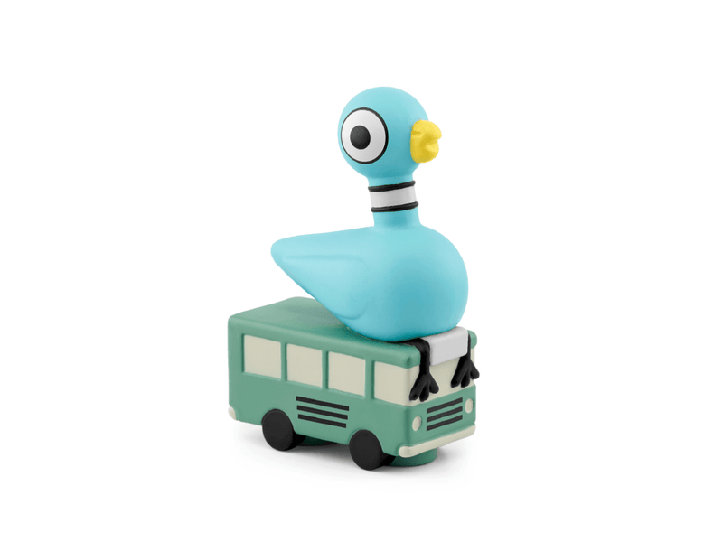 Blue pigeon character Tonie figure sitting on green toy bus against white background
