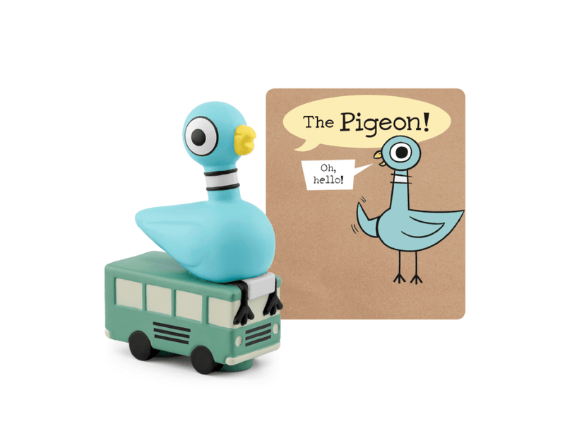 Blue pigeon-shaped Tonie audio figure sitting on green bus with Mo Willems book cover