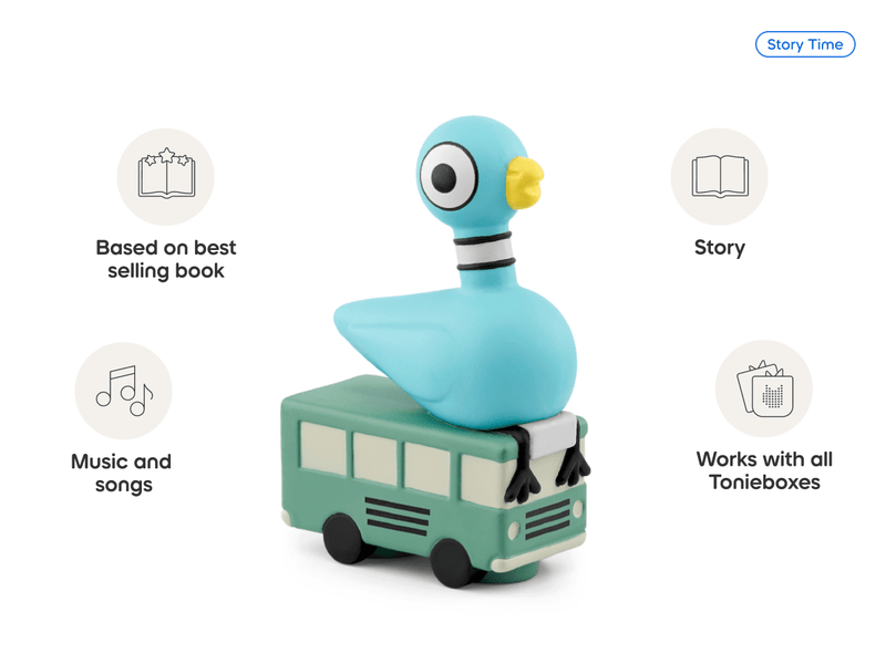 Tonies Pigeon character figure on green bus with feature callouts