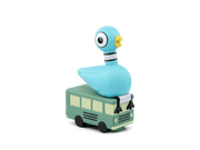 Blue pigeon Tonie figure sitting on mint green toy bus against green background