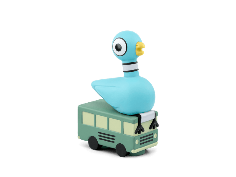 Blue pigeon Tonie figure sitting on mint green toy bus against green background