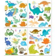 Four sheets of dinosaur wall decals featuring colorful cartoon dinosaurs, plants, and rocks on a white background.