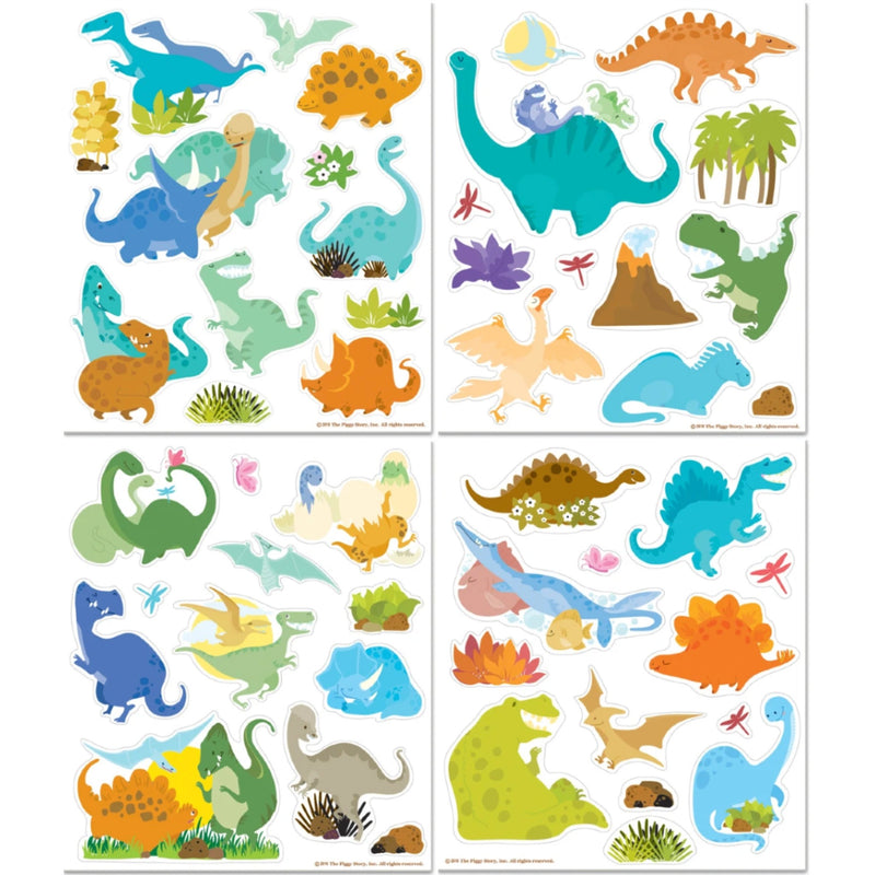 Four sheets of dinosaur wall decals featuring colorful cartoon dinosaurs, plants, and rocks on a white background.