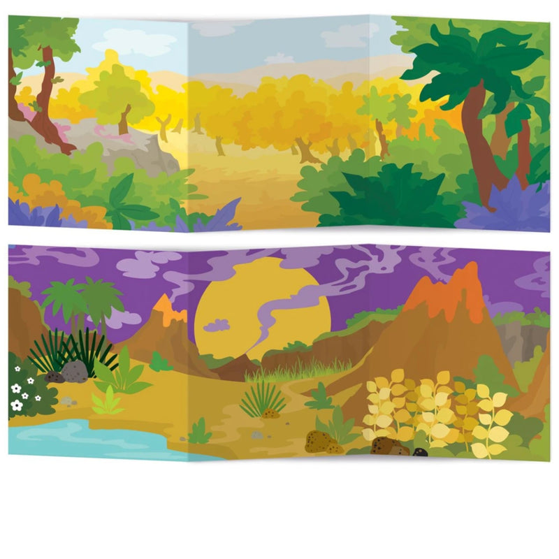 A folded landscape art print or card shown open to display two illustrated scenes: a warm yellow and green forest on the top panel, and a purple, orange, and yellow desert landscape with mountains and a sun on the bottom panel.