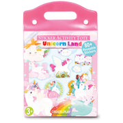 A pink plastic sticker activity tote with a handle, labeled 'Unicorn Land' and showing 80+ reusable stickers. The packaging features pastel unicorn illustrations and a bright pink top handle, photographed on a white background.