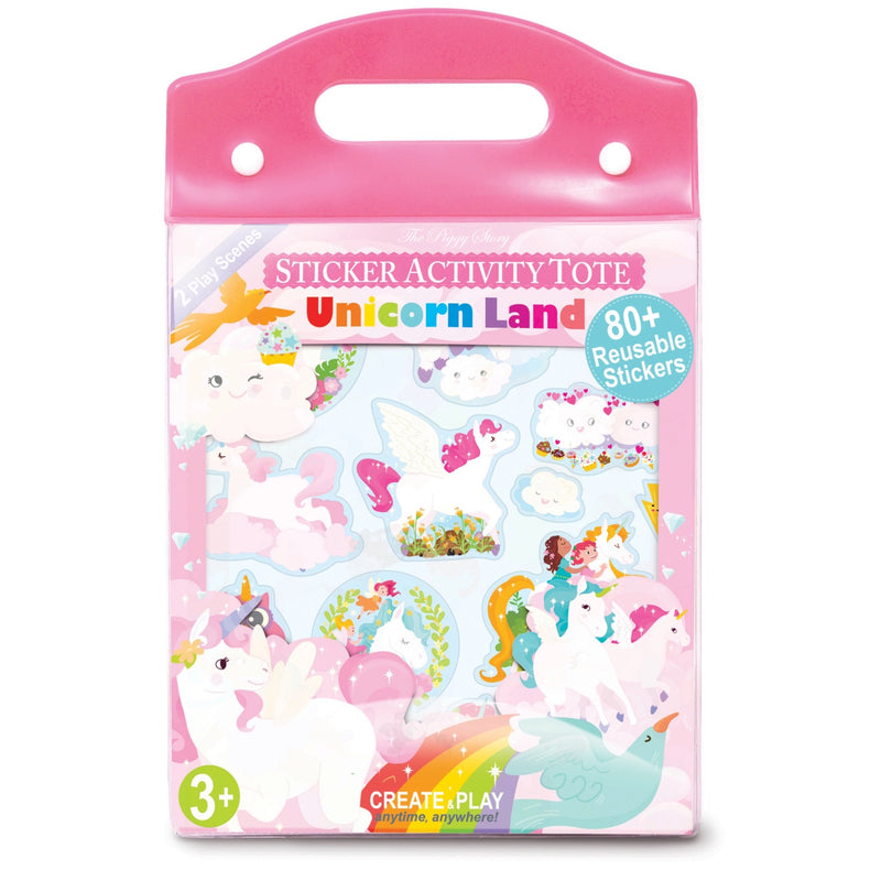 A pink plastic sticker activity tote with a handle, labeled 'Unicorn Land' and showing 80+ reusable stickers. The packaging features pastel unicorn illustrations and a bright pink top handle, photographed on a white background.