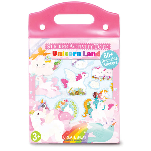 A pink plastic sticker activity tote with a handle, labeled 'Unicorn Land' and showing 80+ reusable stickers. The packaging features pastel unicorn illustrations and a bright pink top handle, photographed on a white background.