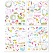 Four sheets of pastel unicorn-themed stickers arranged in a 2x2 grid on a white background. The stickers feature whimsical unicorns, clouds, rainbows, flowers, butterflies, and stars in soft pink, blue, yellow, green, and purple tones.