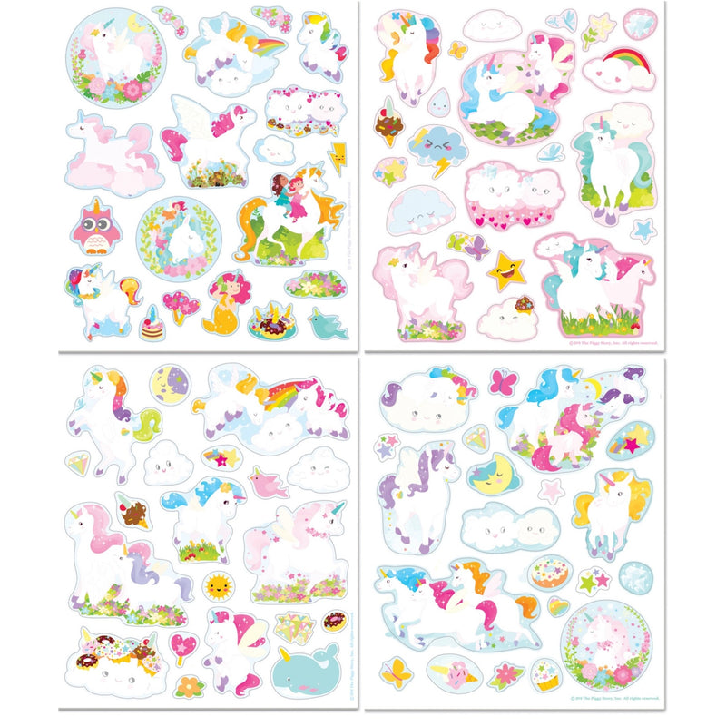 Four sheets of pastel unicorn-themed stickers arranged in a 2x2 grid on a white background. The stickers feature whimsical unicorns, clouds, rainbows, flowers, butterflies, and stars in soft pink, blue, yellow, green, and purple tones.
