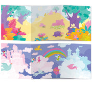 A colorful illustrated landscape scene shown in two overlapping panels, featuring fantasy trees, flowers, birds, clouds, a rainbow, and a castle. This appears to be the artwork itself rather than a real photographed environment, so the best fit is Scenery.