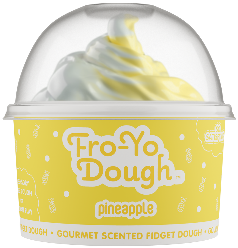 Fro-Yo Dough pineapple scented fidget dough in clear container with yellow packaging