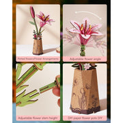 Collage of a paper flower pot with adjustable features and potted flowers.