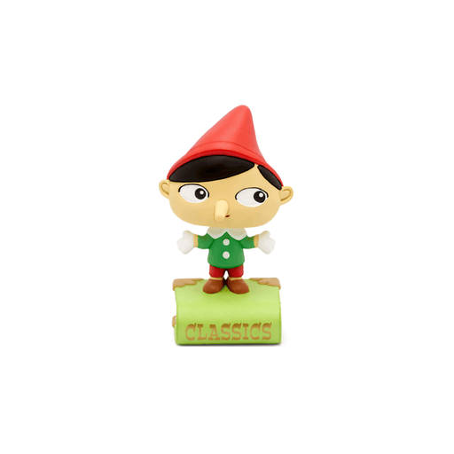 Tonie figurine of Pinocchio character with red hat and green shirt on classics base