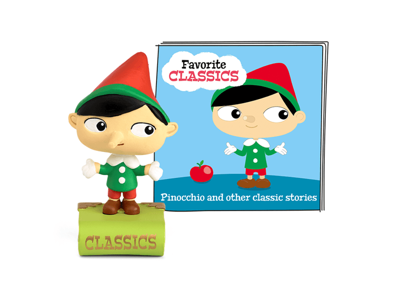 Tonie figurine of Pinocchio with pointed hat next to product packaging box