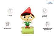 Tonie figure of elf character in red hat on green classics cube with feature icons