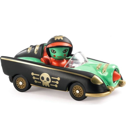 DJECO Crazy Cars Pirate Wheels toy car with green pirate character in black car with skull design