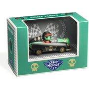DJECO Crazy Motors Pirate Wheels toy car in green packaging box
