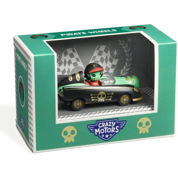 DJECO Crazy Motors Pirate Wheels toy car in green packaging box