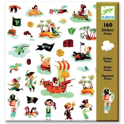 DJECO Pirates themed sticker sheet with 160 colorful pirate stickers including ships, characters, and treasure
