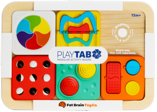 Colorful modular activity board for children with 'PlayTAB' branding on a white background.
