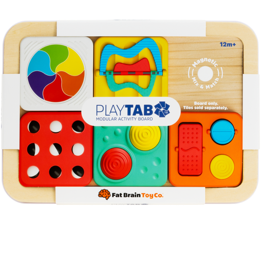 Colorful modular activity board for children with 'PlayTAB' branding on a white background.