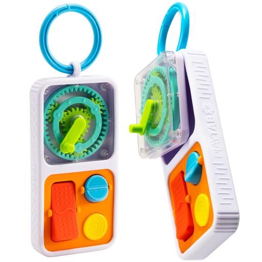 The PlayTab Go is a colorful toy with interactive elements that can be inserted in the case on a white background.