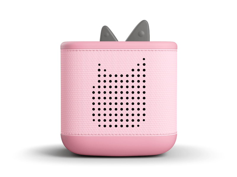 Pink TonieBox 2 audio player with gray ear-like protrusions and speaker grille