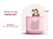 Pink TonieBox 2 with Playtime Puppy Tonie character on top showing starter set contents