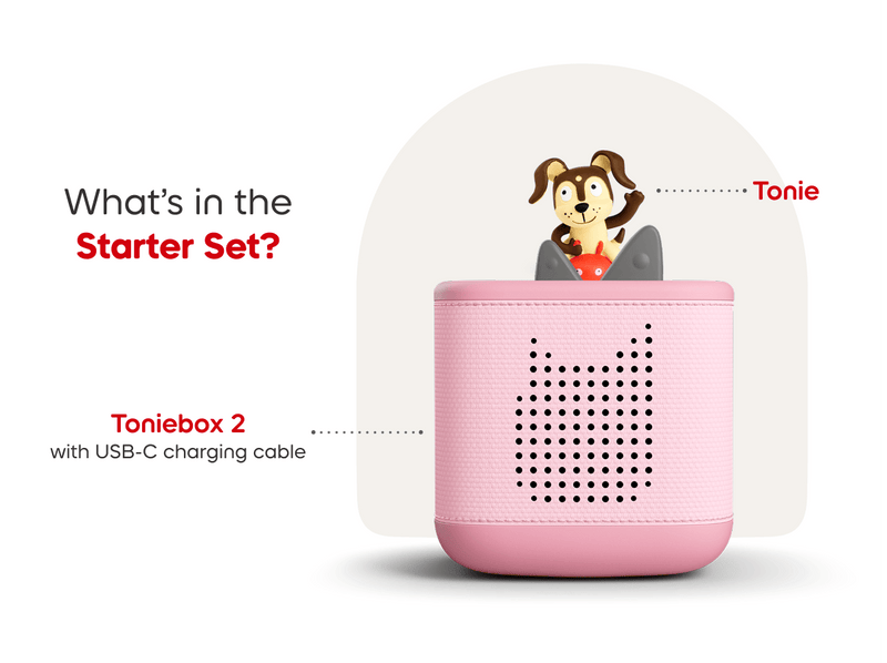 Pink TonieBox 2 with Playtime Puppy Tonie character on top showing starter set contents