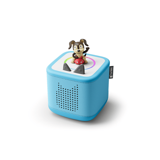 Blue TonieBox cube with brown puppy Tonie figure on top on white background