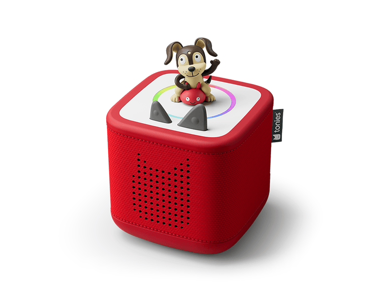 Red TonieBox 2 Starter Set with Playtime Puppy Tonie figure on white background