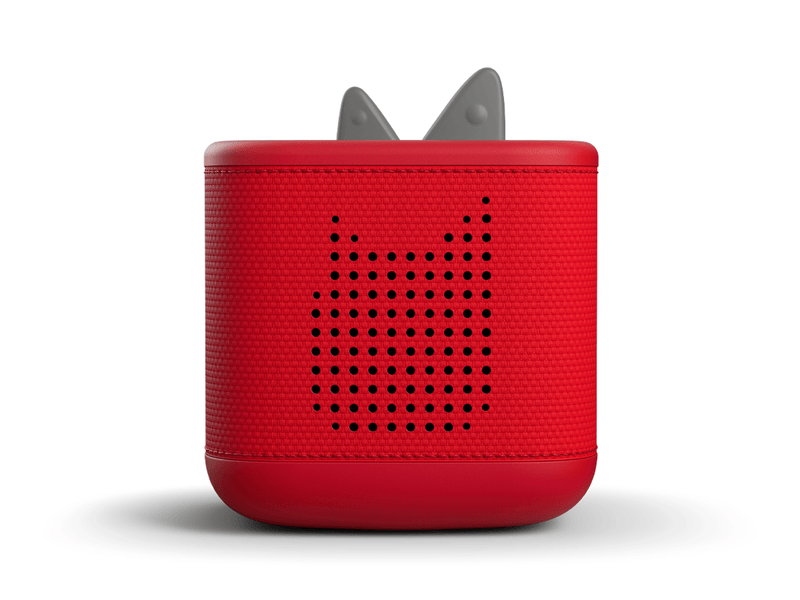 Red TonieBox 2 audio player with speaker grille and gray ear-shaped antenna projections on white background