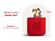 Red TonieBox 2 with Tonie character on top and USB-C charging cable included