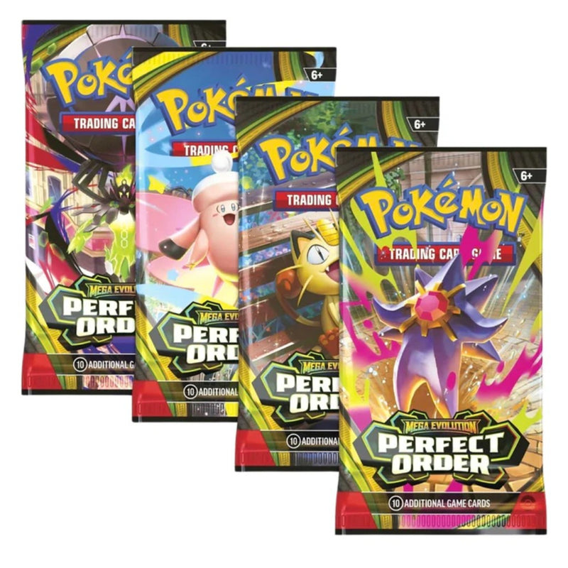 Four packs of Pokémon trading cards with colorful designs on a white background