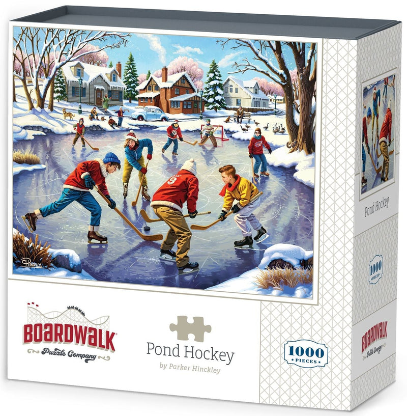 Boardwalk Puzzles Pond Hockey 1000-piece jigsaw puzzle box featuring winter pond hockey scene
