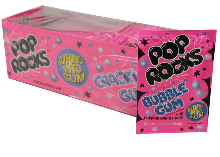Pink Pop Rocks Bubble Gum box and individual packet showing popping bubble gum product