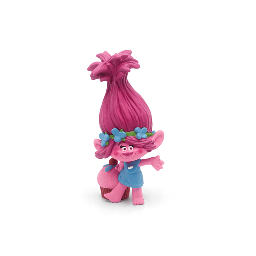 Pink Trolls Poppy Tonie figure with tall pink hair and blue dress on white background