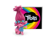 Pink Trolls Poppy Tonie figure with tall hair standing next to colorful rainbow packaging