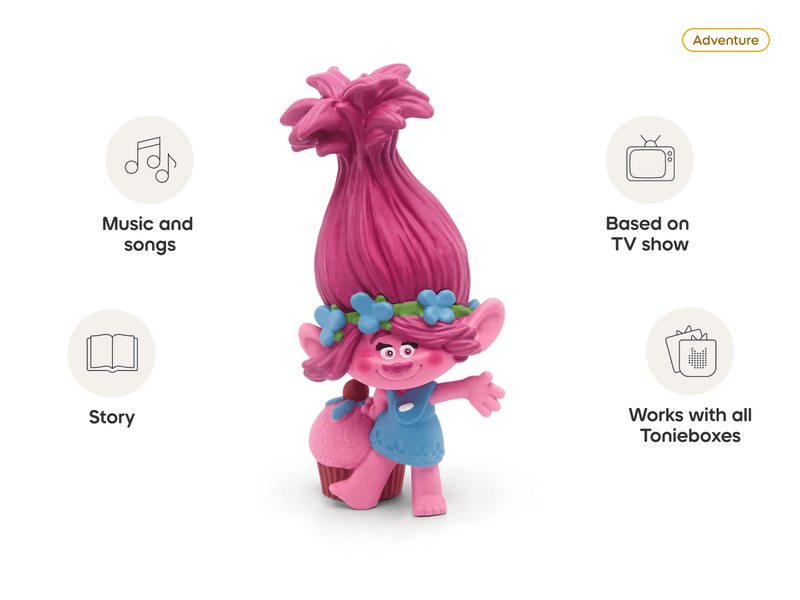 Pink Trolls Poppy Tonie figure with tall pink hair on white background with feature icons