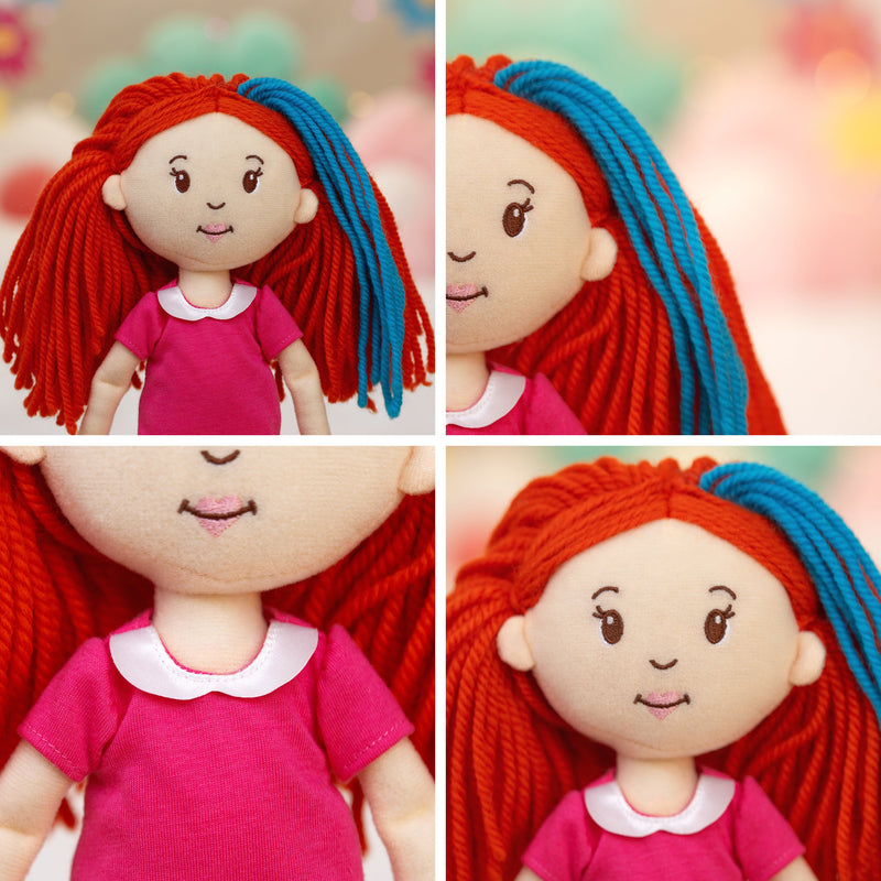 Groovy Girls Poppy doll with red and blue yarn hair wearing pink dress, four-angle detail view