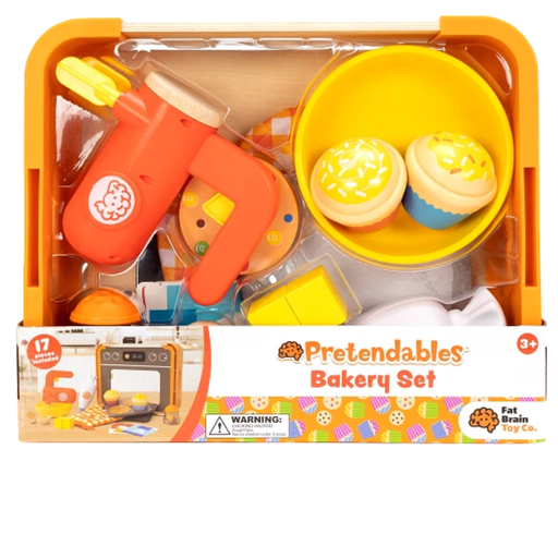 Toy bakery set from Fat Brain Toys with packaging featuring 'Pretendables' branding on a white background.