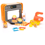 Toy bakery kitchen set with oven, utensils, and accessories on a white background