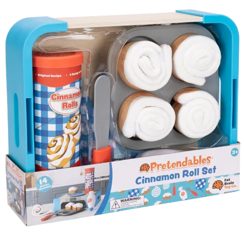 Toy cinnamon roll set in packaging with a container labeled 'Cinnamon Rolls'.