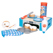 Toy kitchen set with oven, utensils, and baking accessories for cinnamon rolls on a white background.