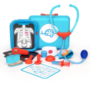 Toy medical kit with stethoscope, X-ray machine, and various medical tools on a white background