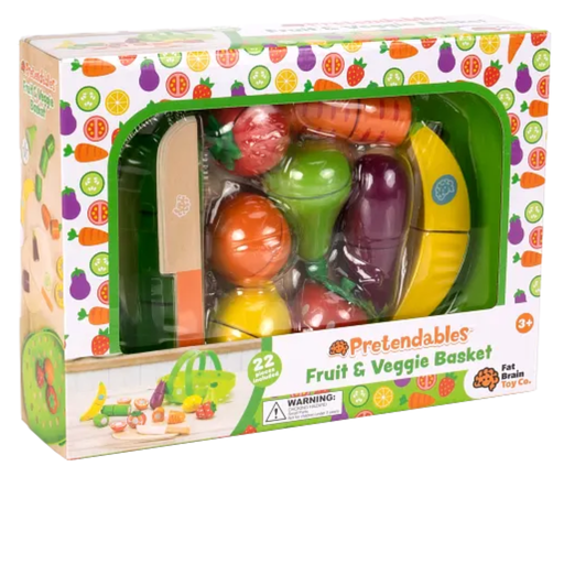 Fat Brain Pretendables toy fruit and vegetable set in packaging with colorful design.