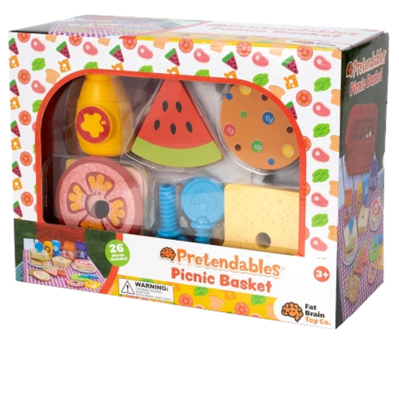 Pretendables Picnic Basket toy set packaging with colorful items and brand logo.